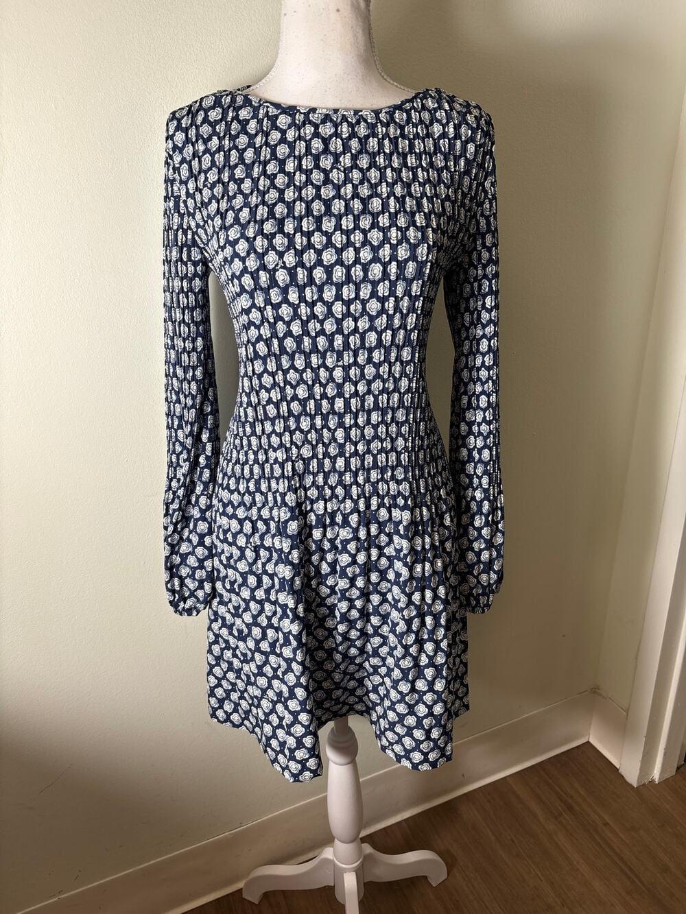 Maje Navy White Long Sleeve Pleated Mini Dress Sz 36
